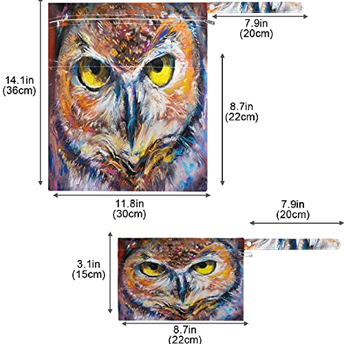 VISESUNNY OWL Retrato Modern Art 2pcs bolsa molhada com bolsos com zíper lavaível espaço reutilizável