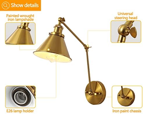 Ovanus Gold Swing Brand Wall Scona, Lâmpada de parede ajustável ajustável conjunto de 2 luminárias de 2
