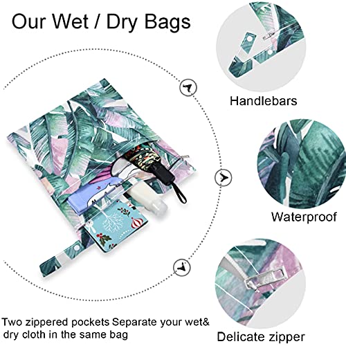 VISESUNNY Modern Palm Leaf 2pcs bolsa molhada com bolsos com zíper lavandenável lavável para viajar, praia,