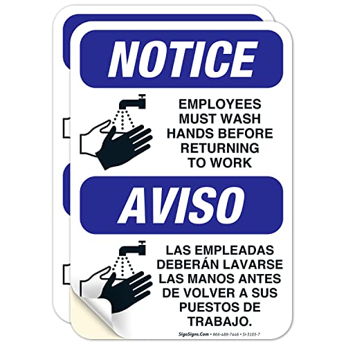 Funcionários Sinal de lavagem de mãos, inglês bilíngue espanhol, 10x7 polegadas, adesivos de decalfe de vinil
