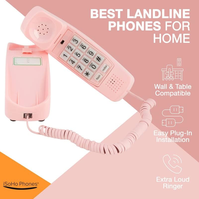 Telefone fixo rosa para pacote doméstico com cabo de telefone Curly de 25 pés