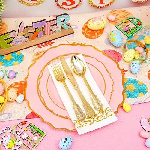 210pcs Placas de plástico de ouro rosa, utensílios de jantar de plástico dourado, placas de plástico exclusivas