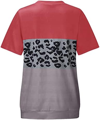 Bloco de cores para mulheres Tops de verão Leopard Impresso de manga curta Camiseta casual pescoço redondo
