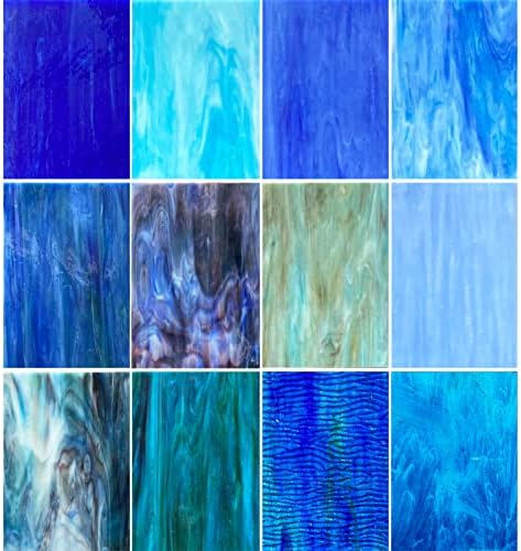 Hengyisha 12 folhas de vitral Folhas de vidro Pacote de cores azuis mistas, azulejos de vidro de Mosaic de 6 x4