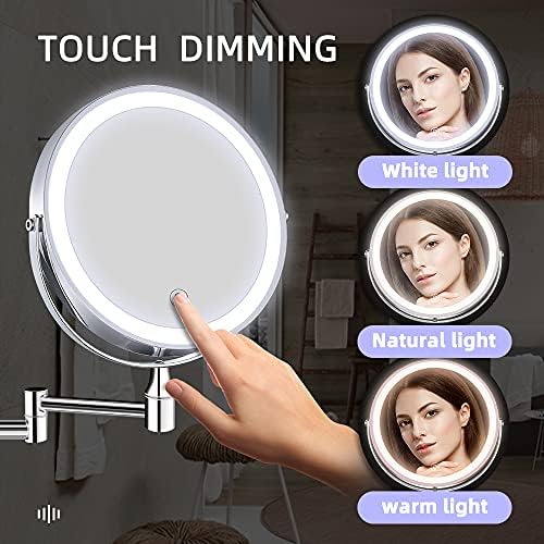 Espelho de maquiagem iluminado de parede recarregável de amztolife, espelho de vaidade de dupla face extensível