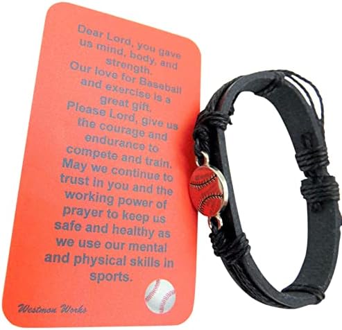 Westmon Works Baseball Bracelet Conjunto de couro ajustável com charme de metal e cartão de oração para