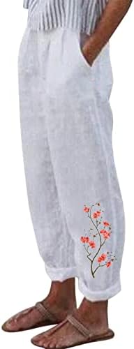 Calça de mistura de linho para mulheres confortáveis ​​estampas florais de verão calça de praia elástica cintura