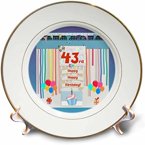 Imagem 3drose de 43ª etiqueta de aniversário, cupcake, vela, balões, presente, streamers - placas