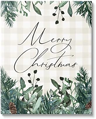 STUPELL INDUSTRIES Feliz Christmas Script Gingham Pinecone Botanicals Border, Design by Lady Louise