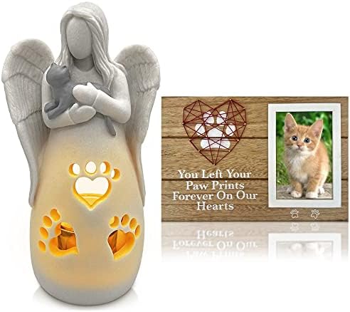 Pacote de presentes memorial de gato de oakiway - estatueta de velas de velas de anjo de gato + moldura