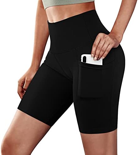 Shorts de ioga para mulheres shorts de bicicleta de cintura alta com bolsos O treino de controle