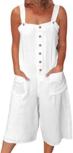 Mulheres Hopolsy Suspender Capri Jumpsuits Loose Linha de algodão largo Button Botão Romanete sem mangas