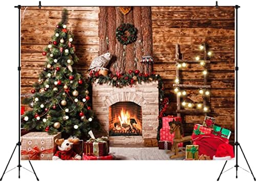 Aperturee Christmas lareira cenário de 7x5ft celeiro rústico de madeira piso de natal presens de árvore de pinheiro