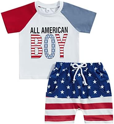 Lucikamy Baby Boy 4 de julho Roupa de manga curta Camiseta impressa + shorts de bandeira americana Conjunto de roupas
