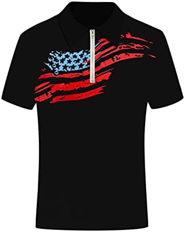 HDDK Mens Polo Polo Camisetas Zíper Summer Summer Sleeve Golf Tops 4 de julho American Flag Work Casual Casual