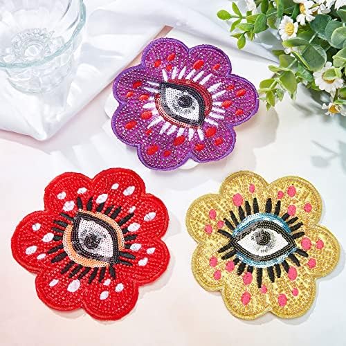 Webeedy 3pcs Sun Flower Badges Olhos de lantejoulas Patches Appliques Bordado Patches Ferro Em Sew On Applique
