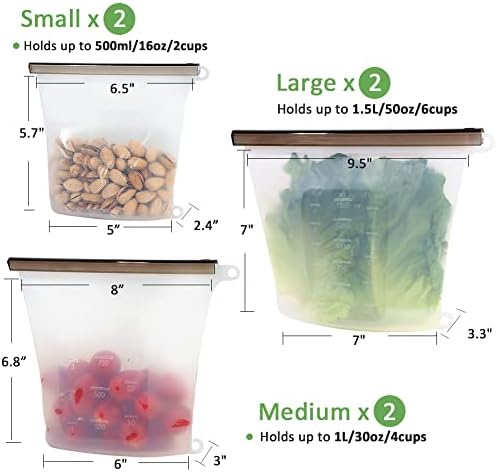 Sacos de armazenamento de alimentos reutilizáveis ​​de Tinsirone, 6 bolsas de armazenamento de alimentos de silicone,