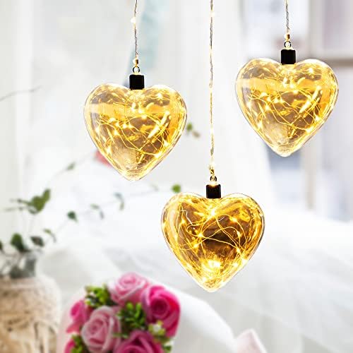 Conjunto Glitzhome de 3 luzes de corda de coração de vidro Decoração de parede, 25,75 h Love Heart