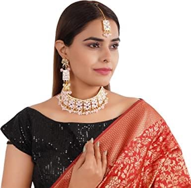 Gahnemall Indian Bollywood Styled Gold Gardand Jewelry Conjunto de colar, brincos e mangtikka para