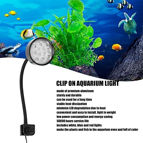 Luz de aquário de alumínio Qinlorgo, 12 contas LEDs Durável 50000 horas Clipe sobre a luz do aquário para