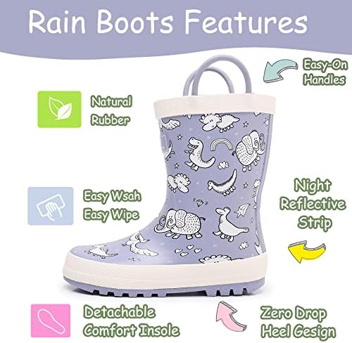 Raingel criança botas de chuva com alças fáceis, botas de chuva de borracha à prova d'água para meninas