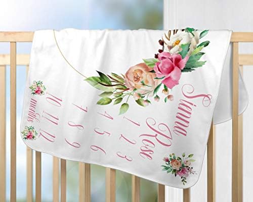 Flor and Wreath - Nome rosa - manta de bebê personalizada Milestone - Minky 50 x 60