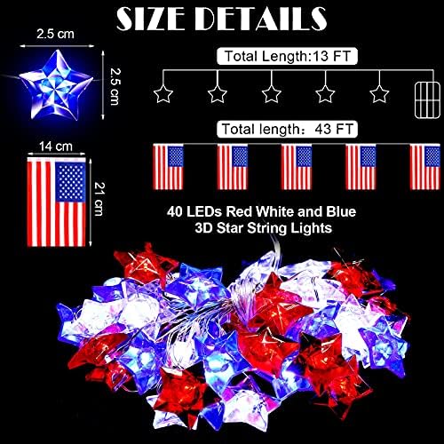 13 pés 40 LEDs Independence Day String Lights Star Light String Fairy Lights e 45 pés de bandeira
