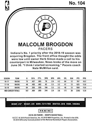 2019-20 Panini Hoops Winter 104 Malcolm Brogdon Indiana Pacers NBA Basketball Trading Card