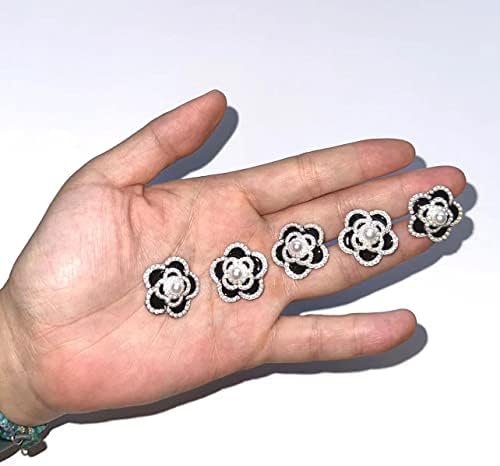 Lote de 5 botões de flor de camélia em preto e branco costuram em botões de pérolas falsas para