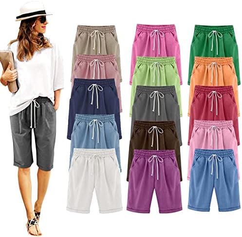 2023 shorts de treino femininos com bolso, cintura alta de verão de tamanho grande calça de linho de