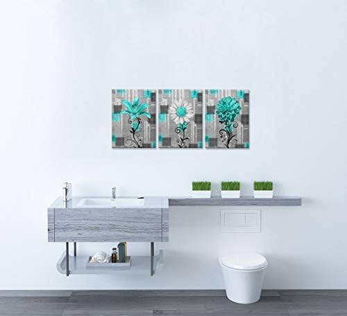 Zlove 3 peças Arte da flor da flor de banheiro rústico Daisy Lily Dahlia Teal Geométrica Floral Obra de arte