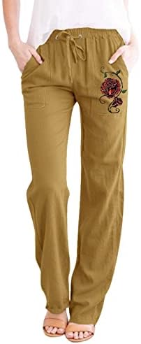 Calças de linho femininas mtsdjskf, calças de linho de cordão solto de cintura alta sólida com calças