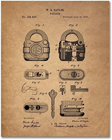 Locksmith Patent Prints - Conjunto de 4 fotos decoração de parede vintage