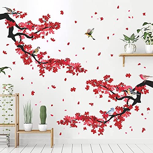 Decalques de parede de flores vermelhas românticas 3d Plum Floral Tree Ramilos de parede adesivos