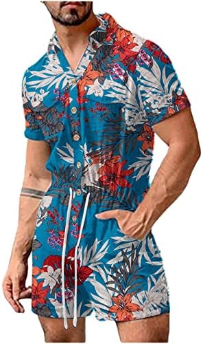 Romances masculinos Botão de algodão shorts havaianos macacões de traje curto de manga curta trajes