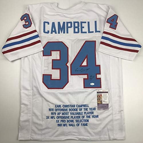 Autografado/assinado Earl Campbell Hof 91 Houston White Stat Football Jersey JSA CoA