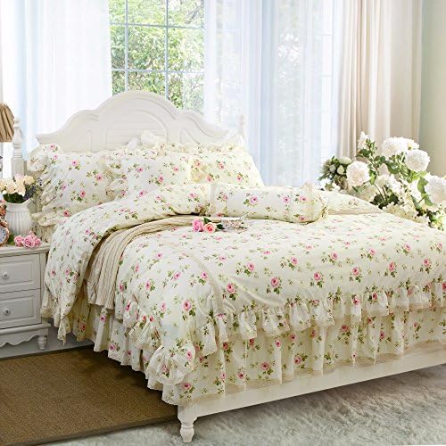 Fadfay Rosette Floral Print Duvet Capa Conjunto de roupas de cama Princess Lace Ruffle para meninas 3 peças