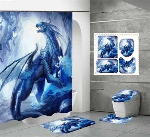 Nelbonls 4pcs Conjuntos de banheiro dragão voando com cortina de chuveiro e tapetes, conjuntos de