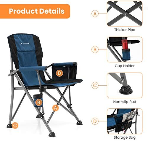 Cadeira de acampamento xgear com apoio de braço duro acolchoado, cadeira de acampamento dobrável
