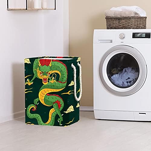 Lavanderia de dragão chinesa verde cesto com alças grandes cestas dobráveis ​​para lixeira, sala de crianças,