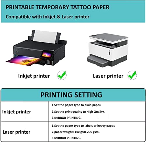 Papel de tatuagem temporária imprimível 5 folhas de tatuagem de tatuagem de transferência de