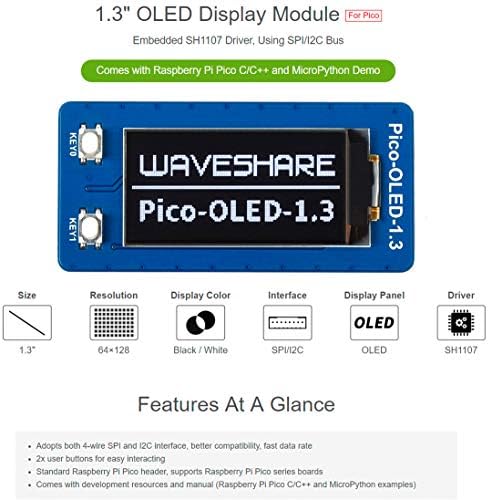 Módulo de exibição OLED de 1,3 polegada de WaveShare para Raspberry Pi Pico, 64 × 128 pixels, SPI de 4 fios e