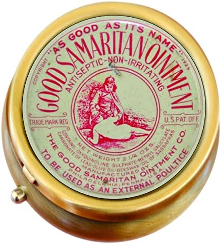 Boticário vintage Good Samaritan Ointment tampa de bronze caixa de comprimidos