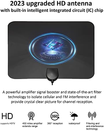 2023 Antena de TV digital Indoor HD atualizada de até 450 milha - suporta 4K 1080p todas as TVs no VHF UHF canais locais amplificadores de reforço de sinal destacável e cabo de 3,5 ft Coax