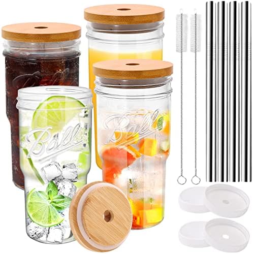 Raibeatty 4 xícaras de vidro, jarra de pedreiro de 24 oz bebendo copos com tampas de bambu falhas e tampas