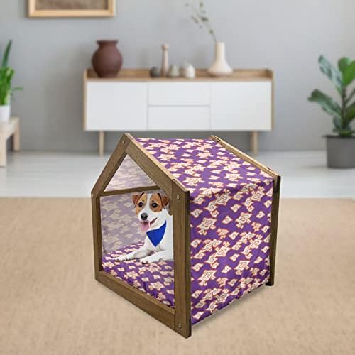Casa de cães de madeira de bolinhas de Ambesonne, padrão com frango de desenho animado e palheiro
