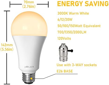 Lâmpadas LED de LED de 3 vias Jolux A21 50 100 150 WATT, base E26, 6/2/20W, 700/1350/2000lm, 3000K/120V/3way