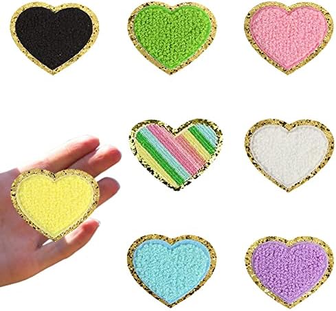 8 pcs chenille ferro em manchas de coração, manchas de glitter de bordado de 2 polegadas para decorações de