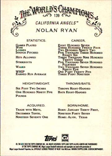 2020 Topps Allen e Ginter #139 Nolan Ryan California Angels MLB Baseball Card NM-MT