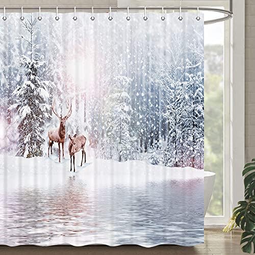 Cortina de chuveiro de natal, cortina de chuveiro feliz para o banheiro Cortina de banheiro de feriado de inverno